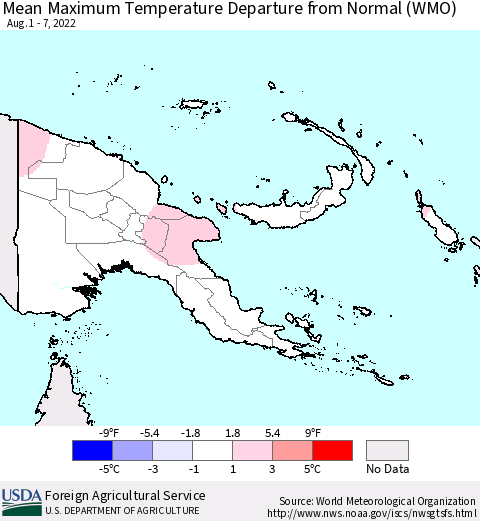 Papua New Guinea Mean Maximum Temperature Departure from Normal (WMO) Thematic Map For 8/1/2022 - 8/7/2022