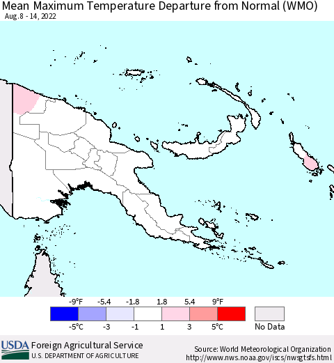 Papua New Guinea Mean Maximum Temperature Departure from Normal (WMO) Thematic Map For 8/8/2022 - 8/14/2022