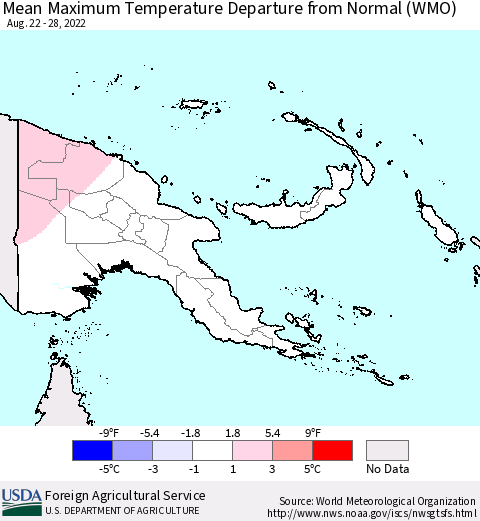 Papua New Guinea Mean Maximum Temperature Departure from Normal (WMO) Thematic Map For 8/22/2022 - 8/28/2022