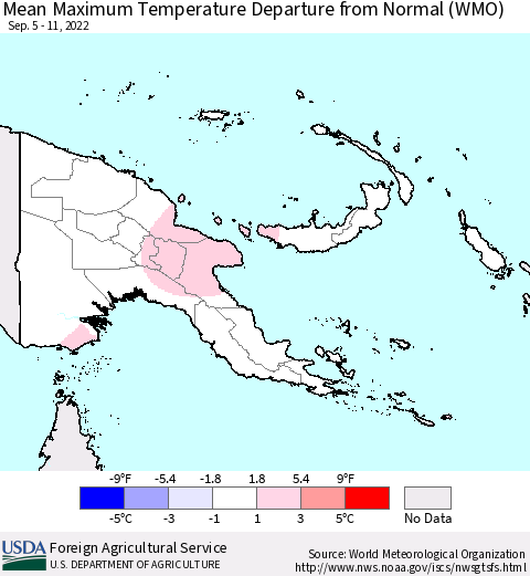 Papua New Guinea Mean Maximum Temperature Departure from Normal (WMO) Thematic Map For 9/5/2022 - 9/11/2022