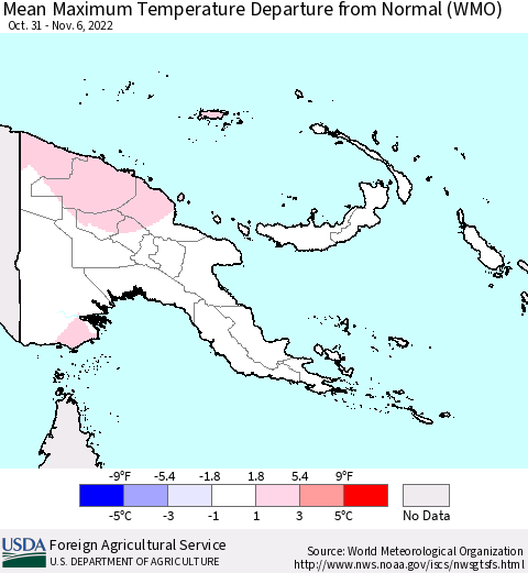 Papua New Guinea Mean Maximum Temperature Departure from Normal (WMO) Thematic Map For 10/31/2022 - 11/6/2022