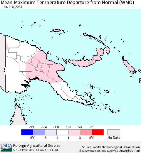 Papua New Guinea Mean Maximum Temperature Departure from Normal (WMO) Thematic Map For 1/2/2023 - 1/8/2023