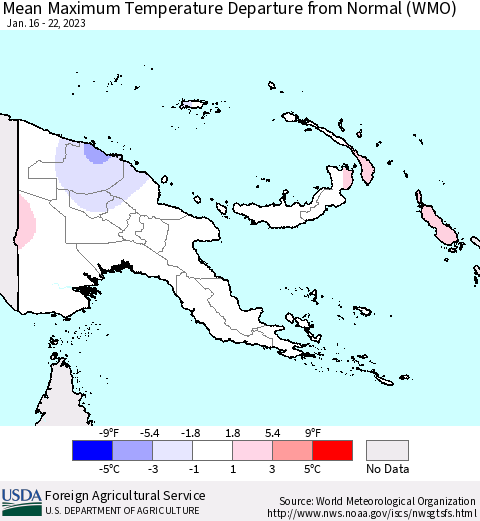 Papua New Guinea Mean Maximum Temperature Departure from Normal (WMO) Thematic Map For 1/16/2023 - 1/22/2023