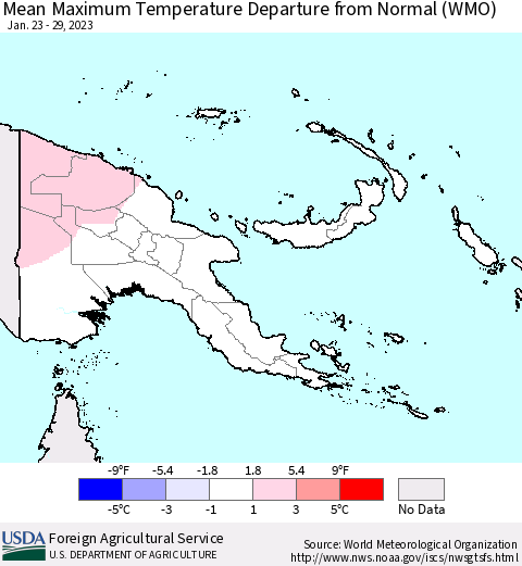Papua New Guinea Mean Maximum Temperature Departure from Normal (WMO) Thematic Map For 1/23/2023 - 1/29/2023