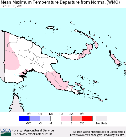 Papua New Guinea Mean Maximum Temperature Departure from Normal (WMO) Thematic Map For 2/13/2023 - 2/19/2023