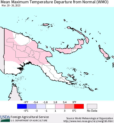 Papua New Guinea Mean Maximum Temperature Departure from Normal (WMO) Thematic Map For 3/20/2023 - 3/26/2023