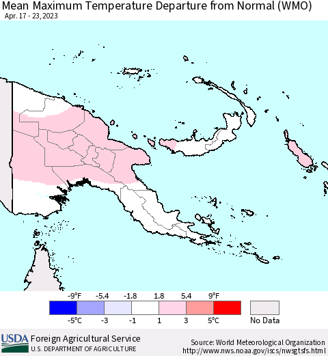 Papua New Guinea Mean Maximum Temperature Departure from Normal (WMO) Thematic Map For 4/17/2023 - 4/23/2023