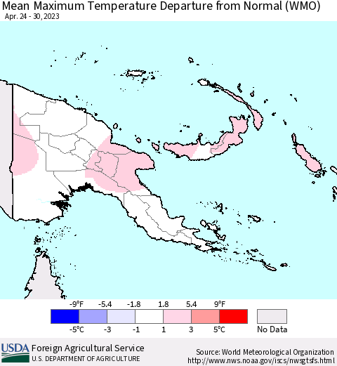 Papua New Guinea Mean Maximum Temperature Departure from Normal (WMO) Thematic Map For 4/24/2023 - 4/30/2023