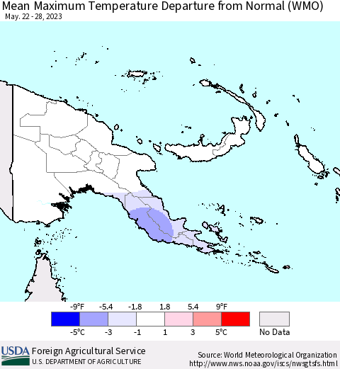 Papua New Guinea Mean Maximum Temperature Departure from Normal (WMO) Thematic Map For 5/22/2023 - 5/28/2023