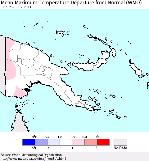 Papua New Guinea Mean Maximum Temperature Departure from Normal (WMO) Thematic Map For 6/26/2023 - 7/2/2023