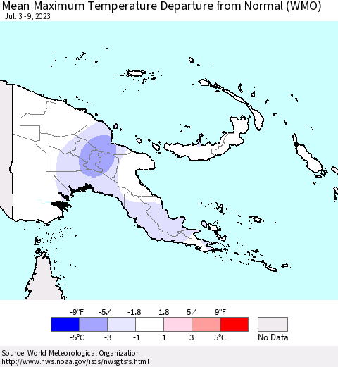 Papua New Guinea Mean Maximum Temperature Departure from Normal (WMO) Thematic Map For 7/3/2023 - 7/9/2023