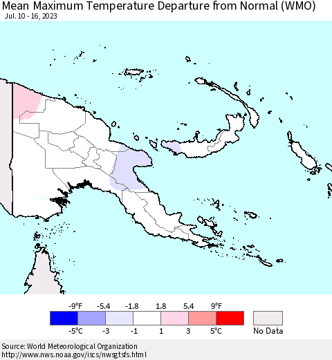 Papua New Guinea Mean Maximum Temperature Departure from Normal (WMO) Thematic Map For 7/10/2023 - 7/16/2023