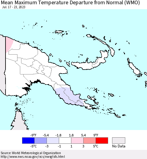 Papua New Guinea Mean Maximum Temperature Departure from Normal (WMO) Thematic Map For 7/17/2023 - 7/23/2023