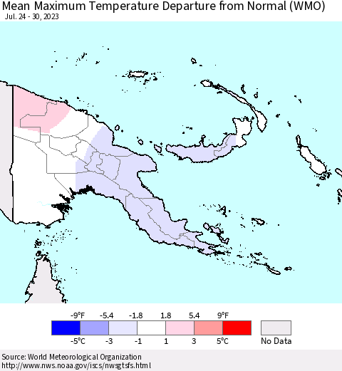 Papua New Guinea Mean Maximum Temperature Departure from Normal (WMO) Thematic Map For 7/24/2023 - 7/30/2023