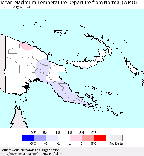 Papua New Guinea Mean Maximum Temperature Departure from Normal (WMO) Thematic Map For 7/31/2023 - 8/6/2023