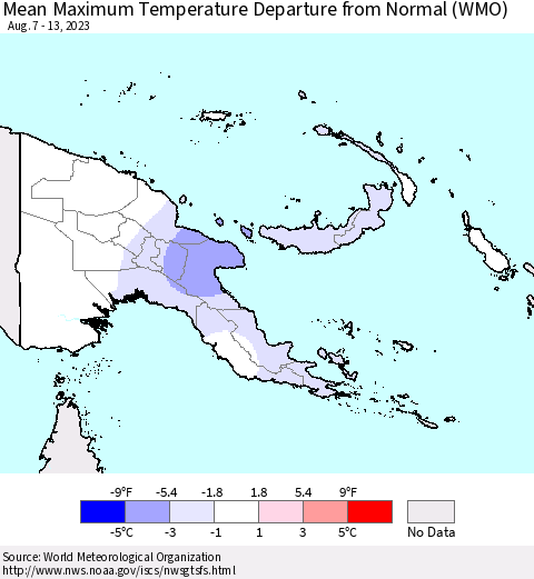 Papua New Guinea Mean Maximum Temperature Departure from Normal (WMO) Thematic Map For 8/7/2023 - 8/13/2023