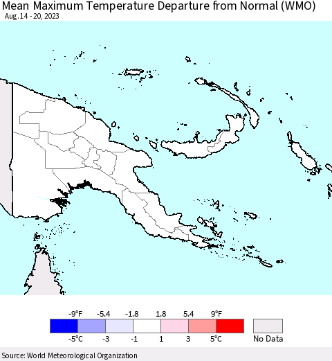 Papua New Guinea Mean Maximum Temperature Departure from Normal (WMO) Thematic Map For 8/14/2023 - 8/20/2023