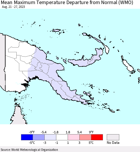 Papua New Guinea Mean Maximum Temperature Departure from Normal (WMO) Thematic Map For 8/21/2023 - 8/27/2023