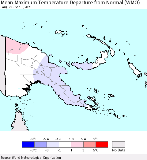 Papua New Guinea Mean Maximum Temperature Departure from Normal (WMO) Thematic Map For 8/28/2023 - 9/3/2023