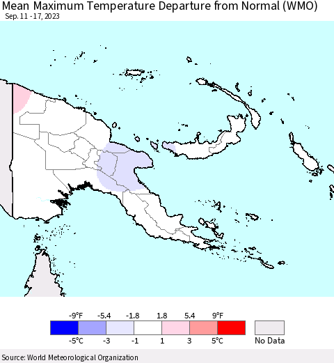 Papua New Guinea Mean Maximum Temperature Departure from Normal (WMO) Thematic Map For 9/11/2023 - 9/17/2023