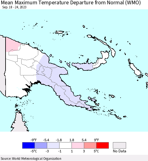 Papua New Guinea Mean Maximum Temperature Departure from Normal (WMO) Thematic Map For 9/18/2023 - 9/24/2023