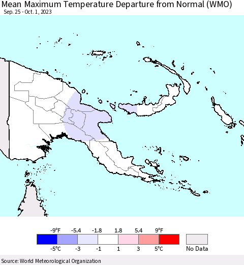 Papua New Guinea Mean Maximum Temperature Departure from Normal (WMO) Thematic Map For 9/25/2023 - 10/1/2023