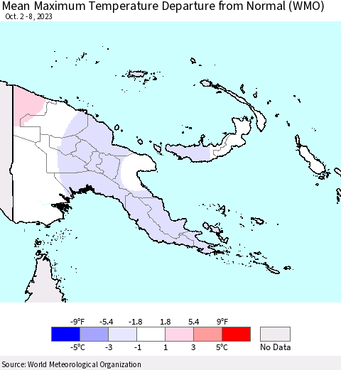 Papua New Guinea Mean Maximum Temperature Departure from Normal (WMO) Thematic Map For 10/2/2023 - 10/8/2023