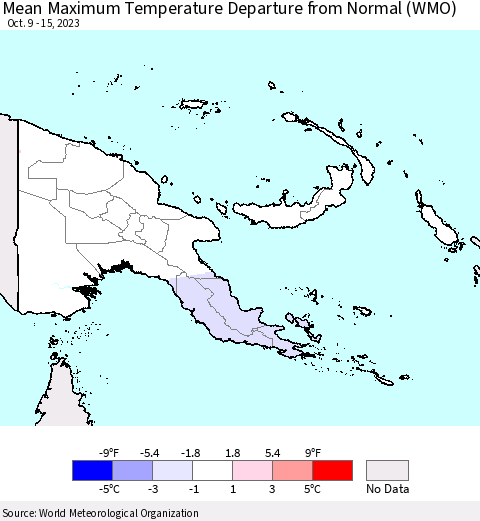 Papua New Guinea Mean Maximum Temperature Departure from Normal (WMO) Thematic Map For 10/9/2023 - 10/15/2023