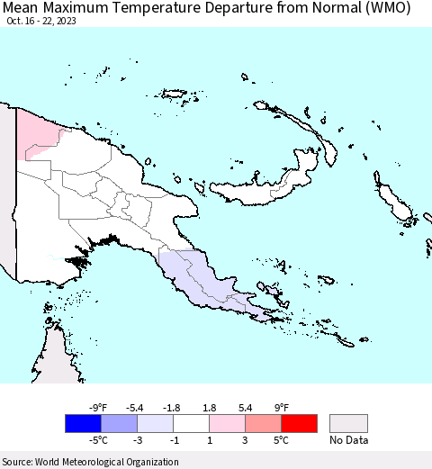 Papua New Guinea Mean Maximum Temperature Departure from Normal (WMO) Thematic Map For 10/16/2023 - 10/22/2023