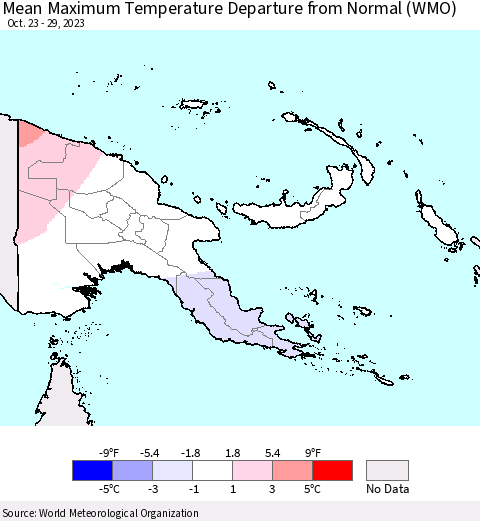 Papua New Guinea Mean Maximum Temperature Departure from Normal (WMO) Thematic Map For 10/23/2023 - 10/29/2023