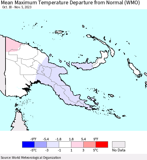 Papua New Guinea Mean Maximum Temperature Departure from Normal (WMO) Thematic Map For 10/30/2023 - 11/5/2023
