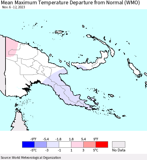 Papua New Guinea Mean Maximum Temperature Departure from Normal (WMO) Thematic Map For 11/6/2023 - 11/12/2023