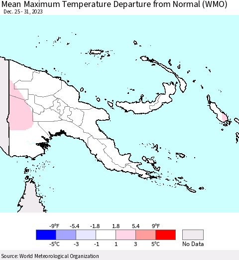 Papua New Guinea Mean Maximum Temperature Departure from Normal (WMO) Thematic Map For 12/25/2023 - 12/31/2023