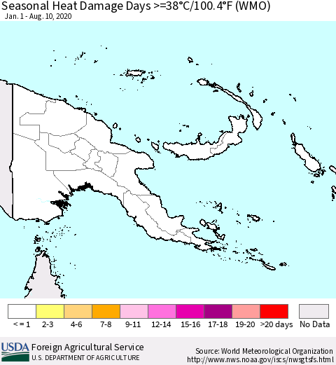 Papua New Guinea Seasonal Heat Damage Days >=38°C/100°F (WMO) Thematic Map For 1/1/2020 - 8/10/2020