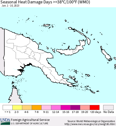 Papua New Guinea Seasonal Heat Damage Days >=38°C/100°F (WMO) Thematic Map For 1/1/2023 - 1/10/2023