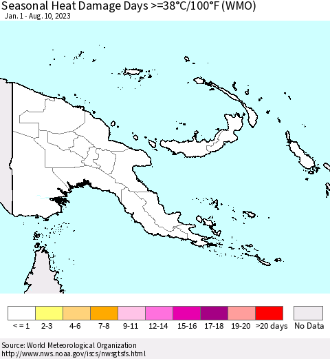 Papua New Guinea Seasonal Heat Damage Days >=38°C/100°F (WMO) Thematic Map For 1/1/2023 - 8/10/2023