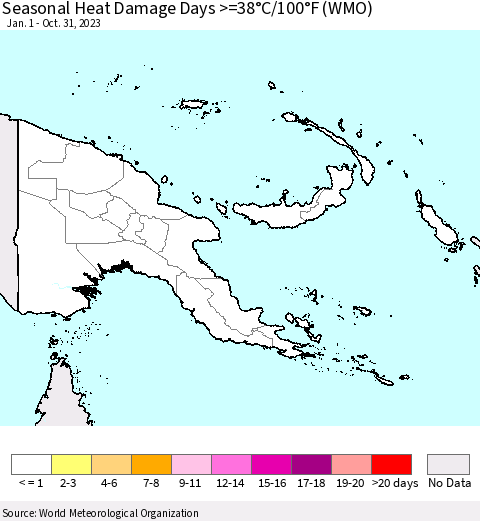 Papua New Guinea Seasonal Heat Damage Days >=38°C/100°F (WMO) Thematic Map For 1/1/2023 - 10/31/2023