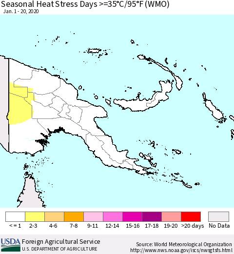 Papua New Guinea Seasonal Heat Stress Days >=35°C/95°F (WMO) Thematic Map For 1/1/2020 - 1/20/2020