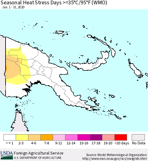 Papua New Guinea Seasonal Heat Stress Days >=35°C/95°F (WMO) Thematic Map For 1/1/2020 - 1/31/2020