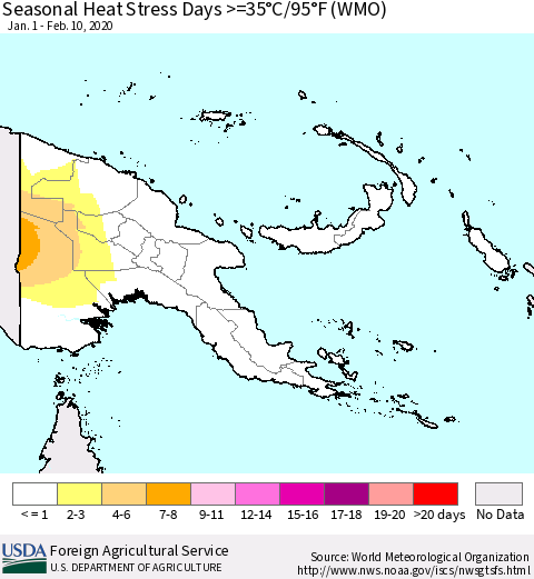 Papua New Guinea Seasonal Heat Stress Days >=35°C/95°F (WMO) Thematic Map For 1/1/2020 - 2/10/2020