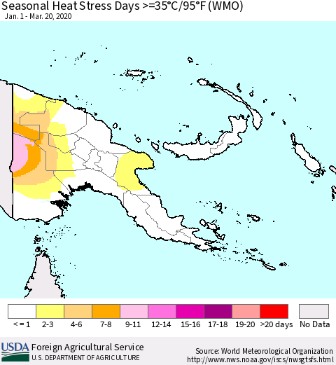 Papua New Guinea Seasonal Heat Stress Days >=35°C/95°F (WMO) Thematic Map For 1/1/2020 - 3/20/2020