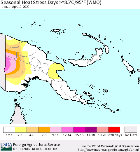 Papua New Guinea Seasonal Heat Stress Days >=35°C/95°F (WMO) Thematic Map For 1/1/2020 - 4/10/2020