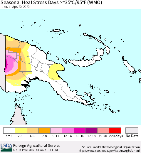 Papua New Guinea Seasonal Heat Stress Days >=35°C/95°F (WMO) Thematic Map For 1/1/2020 - 4/20/2020