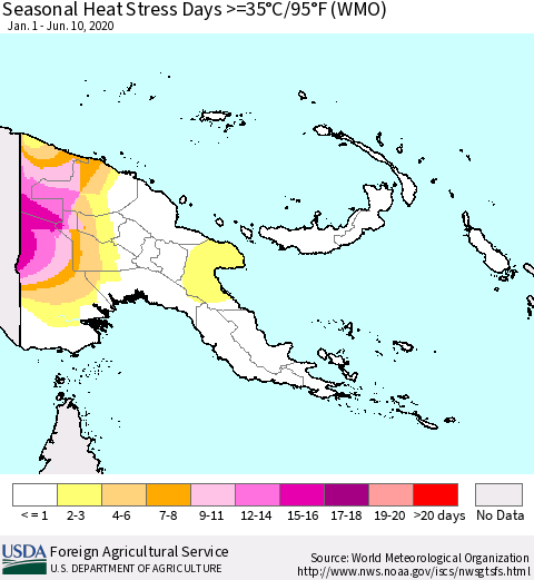 Papua New Guinea Seasonal Heat Stress Days >=35°C/95°F (WMO) Thematic Map For 1/1/2020 - 6/10/2020