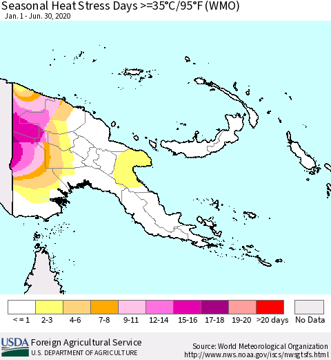Papua New Guinea Seasonal Heat Stress Days >=35°C/95°F (WMO) Thematic Map For 1/1/2020 - 6/30/2020