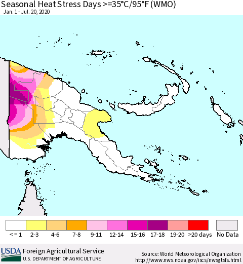 Papua New Guinea Seasonal Heat Stress Days >=35°C/95°F (WMO) Thematic Map For 1/1/2020 - 7/20/2020
