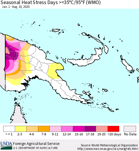 Papua New Guinea Seasonal Heat Stress Days >=35°C/95°F (WMO) Thematic Map For 1/1/2020 - 8/10/2020
