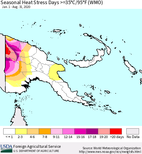 Papua New Guinea Seasonal Heat Stress Days >=35°C/95°F (WMO) Thematic Map For 1/1/2020 - 8/31/2020