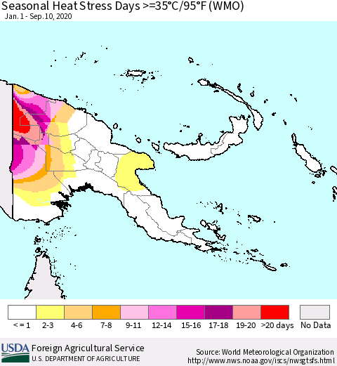 Papua New Guinea Seasonal Heat Stress Days >=35°C/95°F (WMO) Thematic Map For 1/1/2020 - 9/10/2020