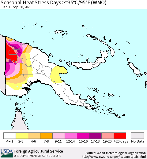 Papua New Guinea Seasonal Heat Stress Days >=35°C/95°F (WMO) Thematic Map For 1/1/2020 - 9/30/2020